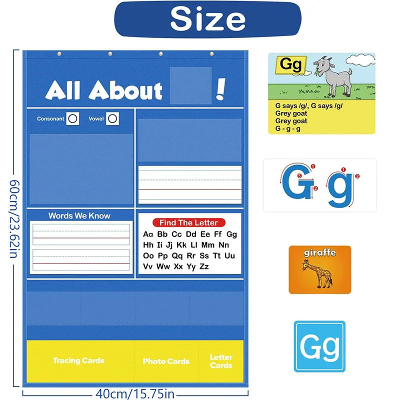 Alphabet learning sleeve chart with word cards, letter cards, and picture cards laid out for play.