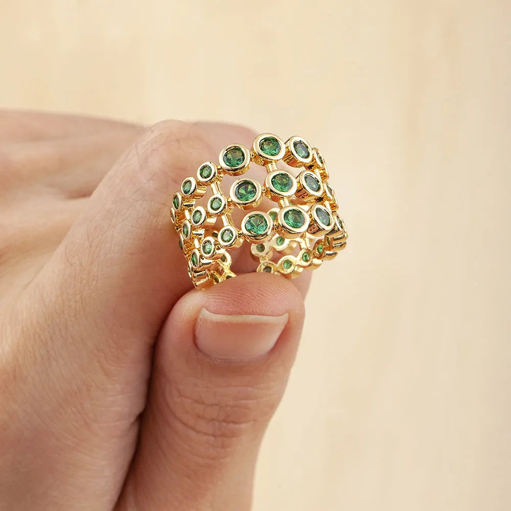 Men's wide copper ring with 18K gold plating and green zircon decoration