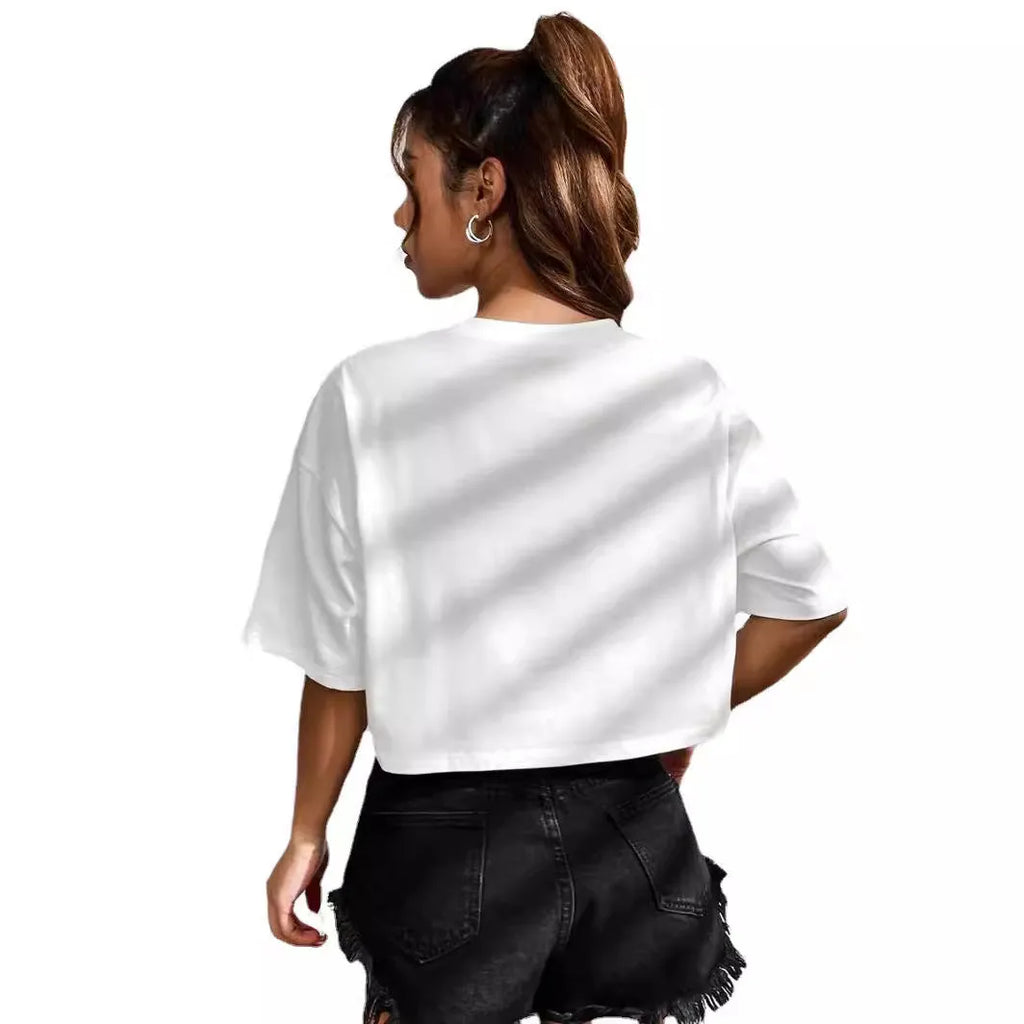 Women's personalised cotton T-shirt with English letters and navel-exposing summer design in black or white