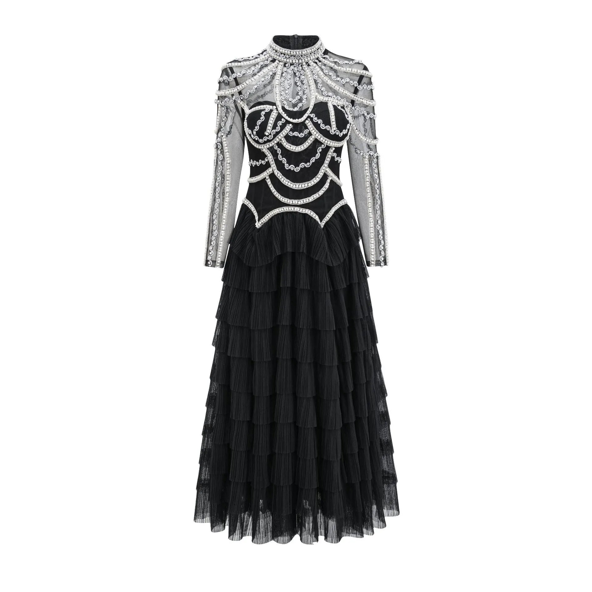 Women's long sleeve beaded polyester dress in black or pink with mid waist design