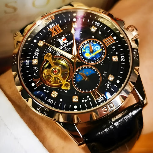 Men's black and rose gold automatic watch with hollow skeleton dial on a leather strap.