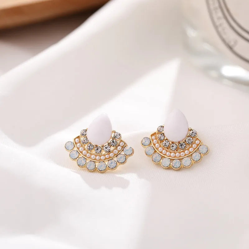 Women's retro fan-shaped geometric earrings with rhinestone detailing and sterling silver electroplated finish