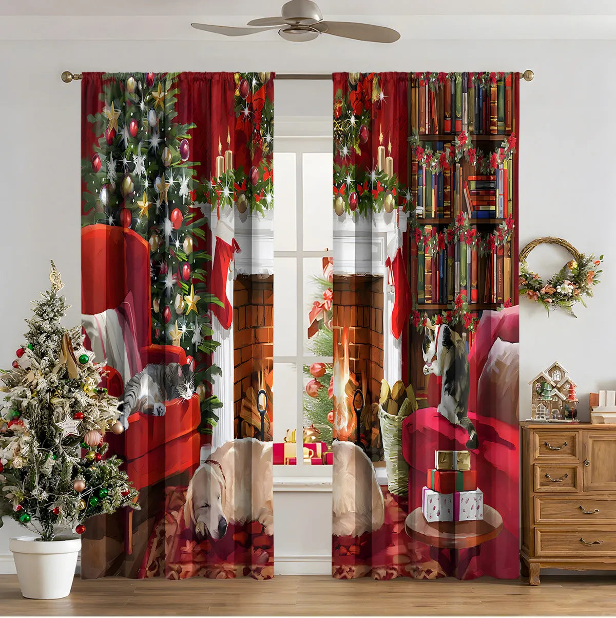 3D digitally printed Christmas curtain with modern simplicity design showing festive imagery