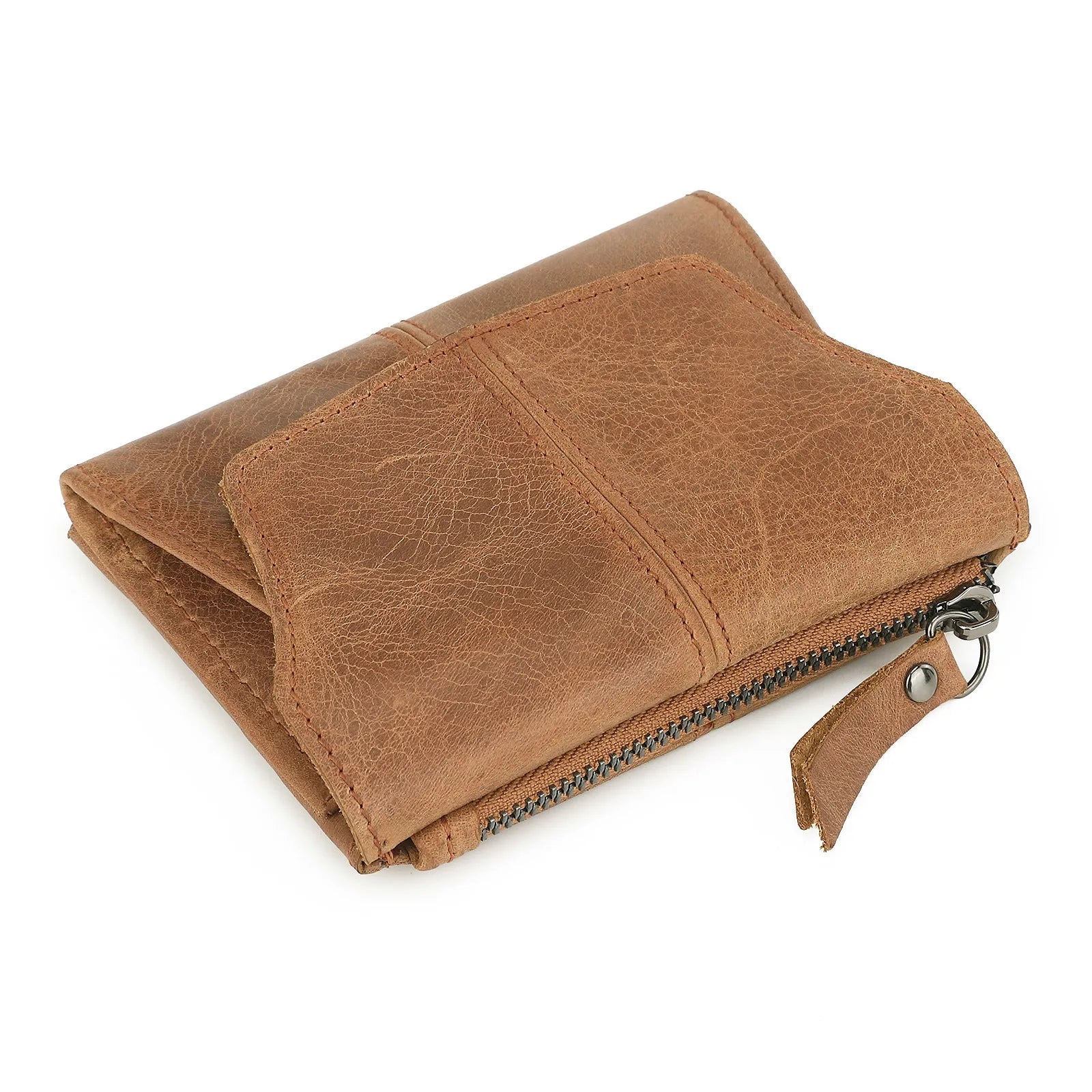 Genuine leather coin purse wallet in European retro style with stitching details and lock