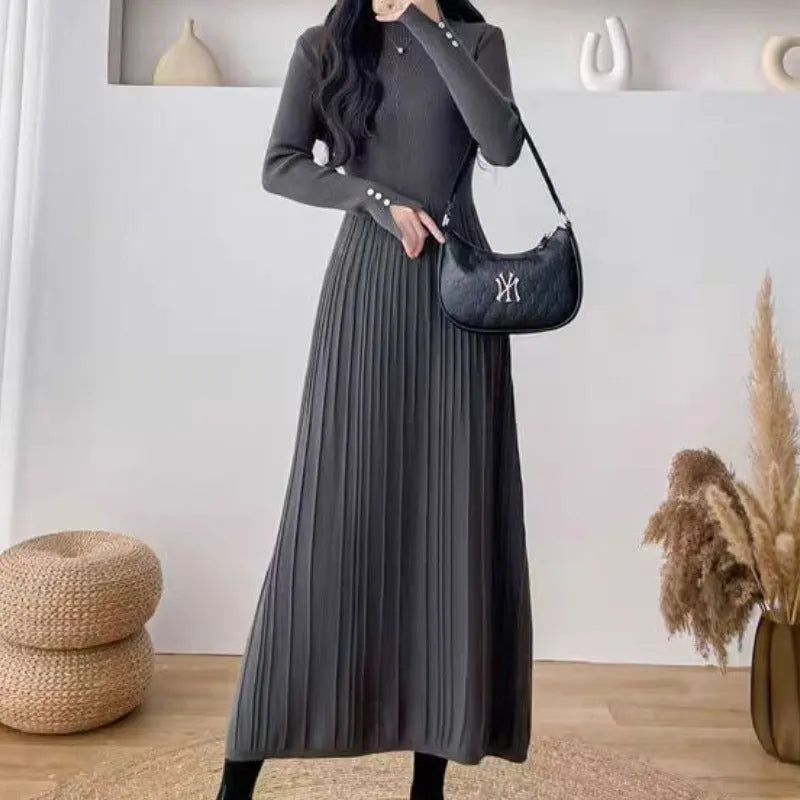 Women's high waist A-line midi skirt in a wool blend knit fabric, shown in milky white colour.