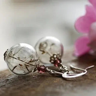Transparent 16mm glass ball earrings with dandelion seed crystal design on silver French hooks