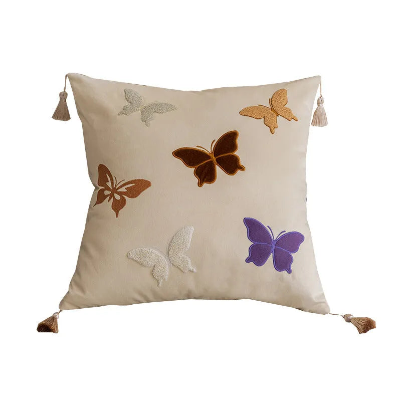 Butterfly embroidered Chinese style cushion in beige black purple colours measuring 45x45cm