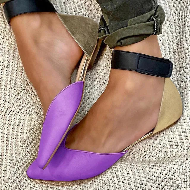 Women's flat-heel sandals with velcro strap and hollowed PU upper in multiple colours