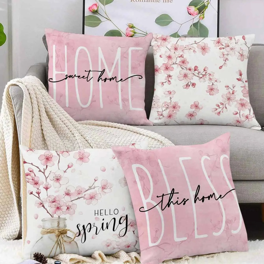 Square short velvet cushion cover with spring cherry blossom pattern, 45cm size.