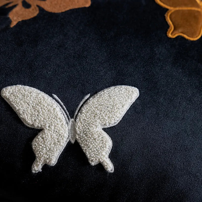 Butterfly embroidered Chinese style cushion in beige black purple colours measuring 45x45cm