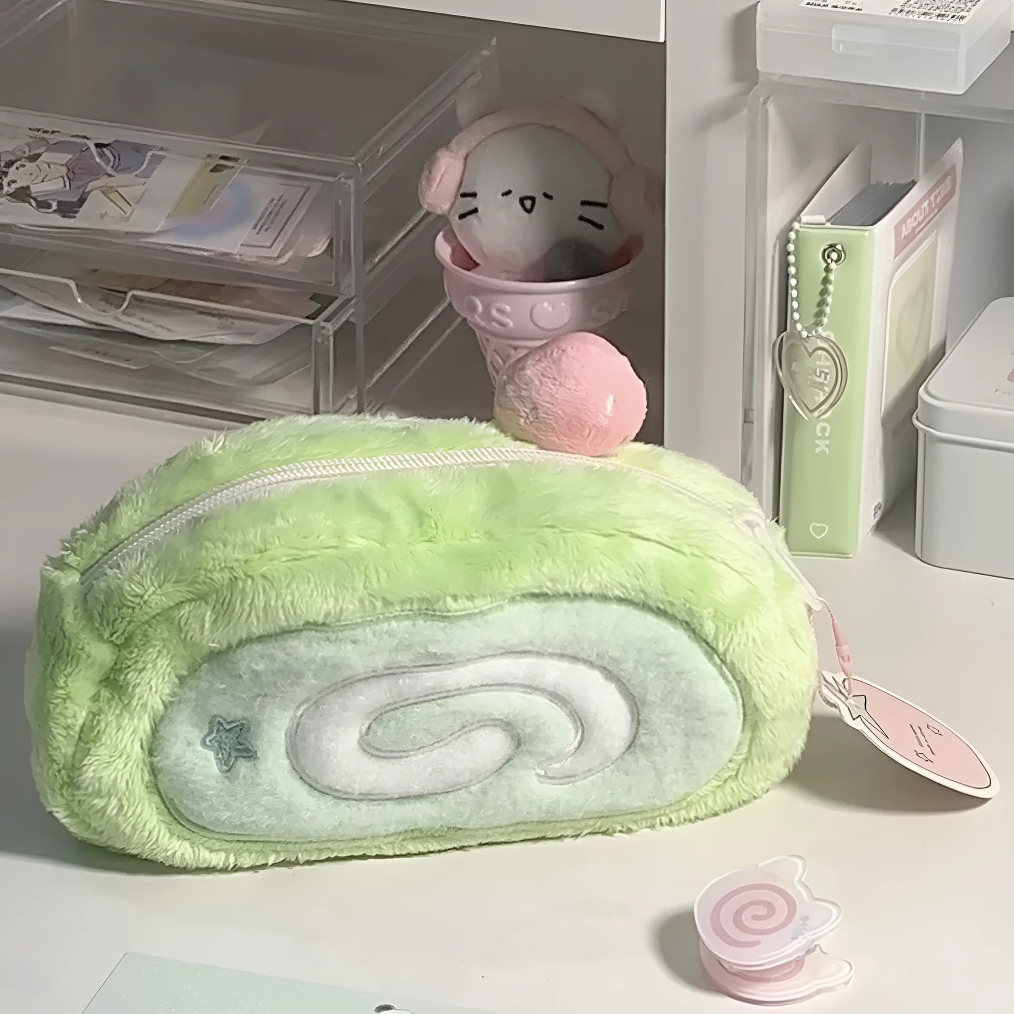 Velvet Swiss roll cake design pencil case in Korean style for stationery storage.