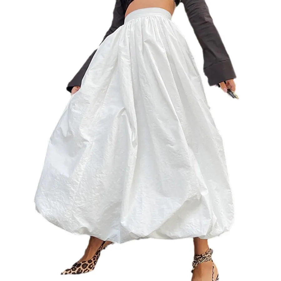 Women's solid colour cotton long skirt with elasticated waistband in black or white