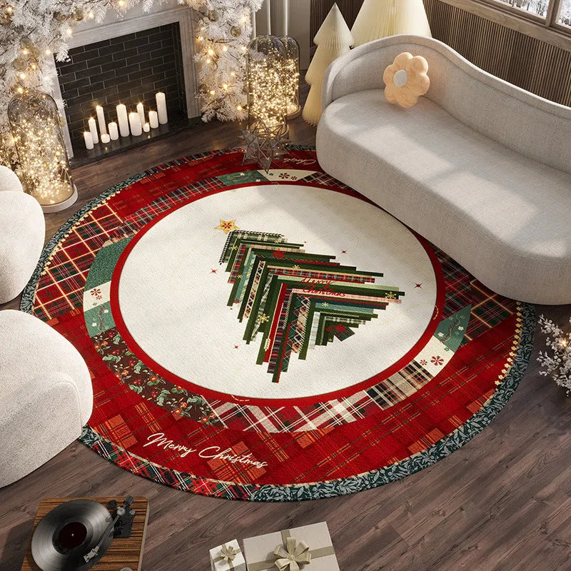 Round red Christmas carpet with festive pattern on wooden floor