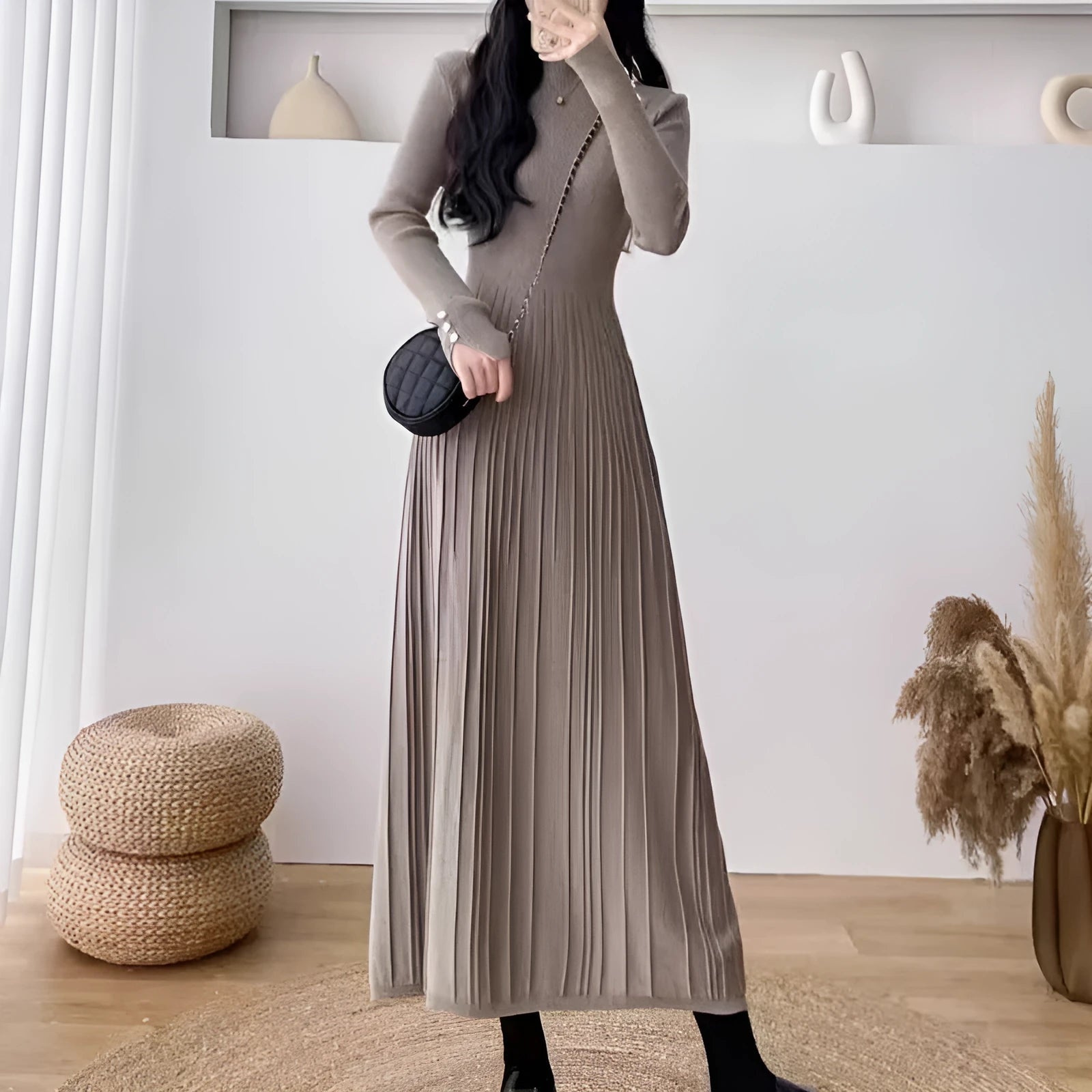 Women's high waist A-line midi skirt in a wool blend knit fabric, shown in milky white colour.