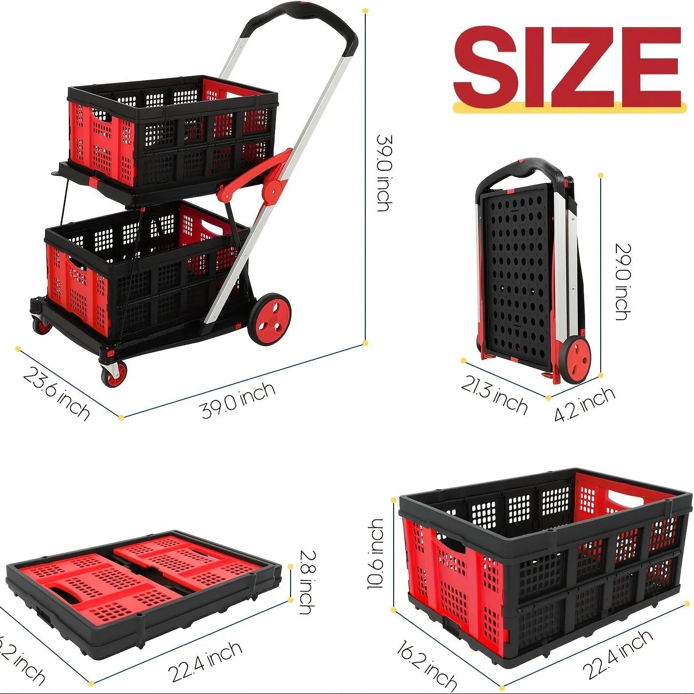 Foldable shopping cart with double-layer basket in selected colour option