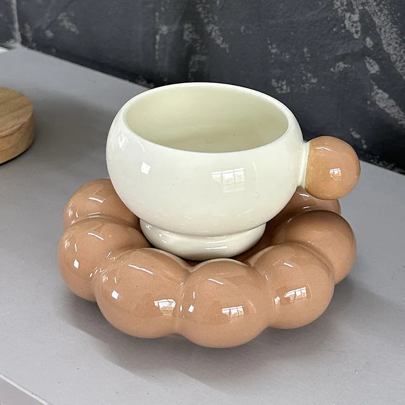 Ceramic coffee set with 250ml cup and dish in solid colour options including bean green, coffee brown, and pink