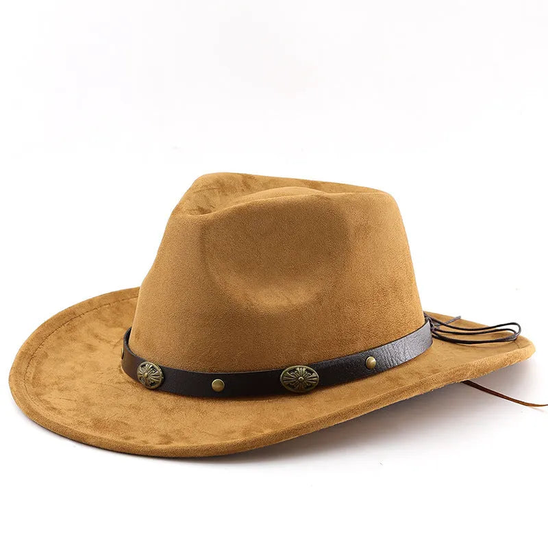 Brown leather velvet Western cowboy hat with curved brim and conical crown