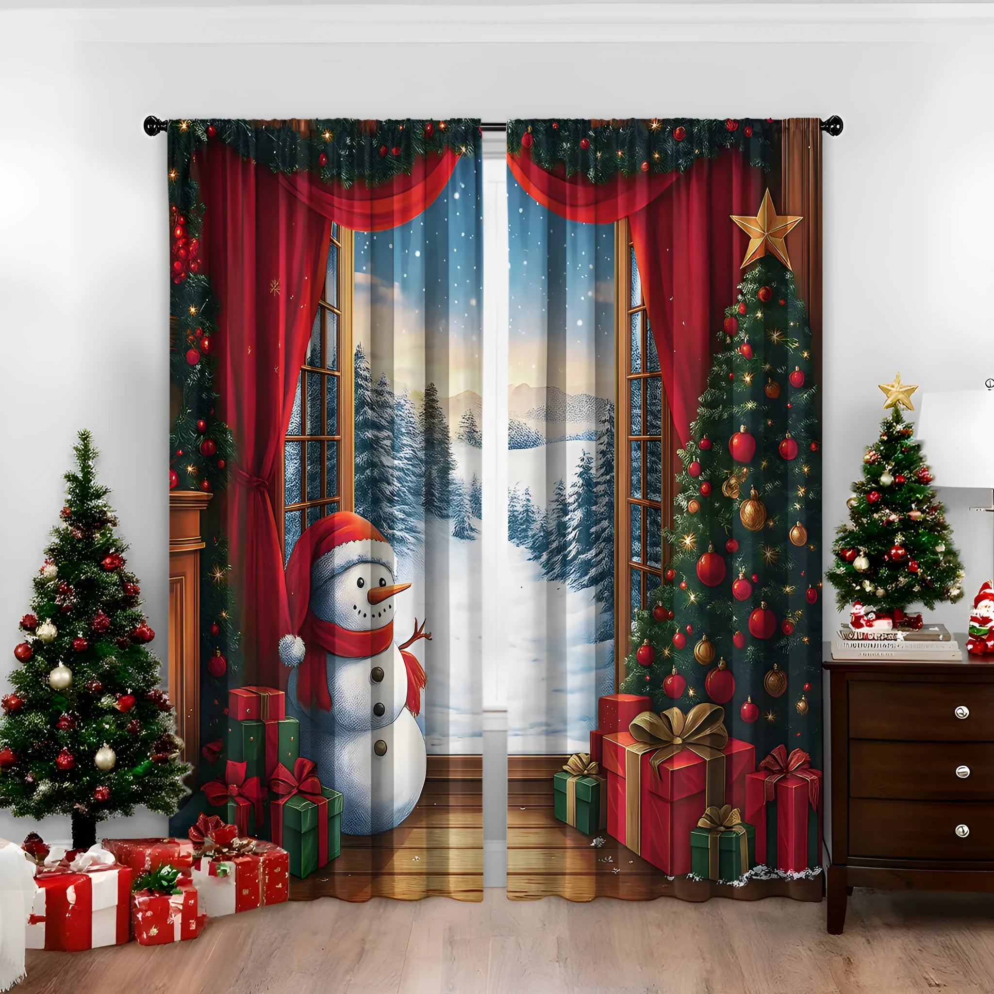 3D digitally printed Christmas curtain with modern simplicity design showing festive imagery