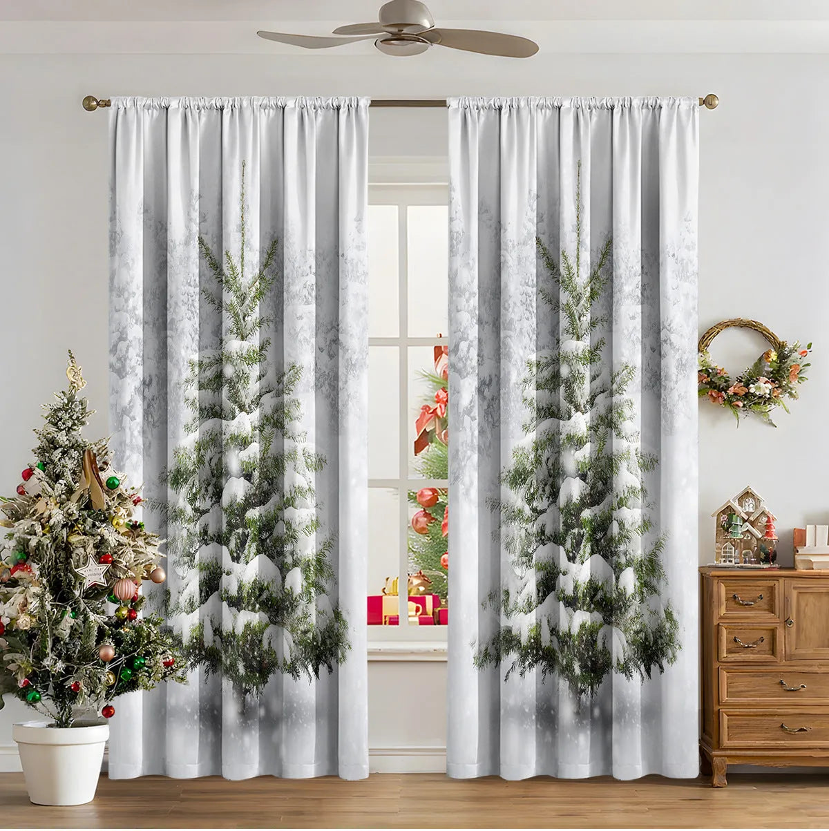 3D digitally printed Christmas curtain with modern simplicity design showing festive imagery