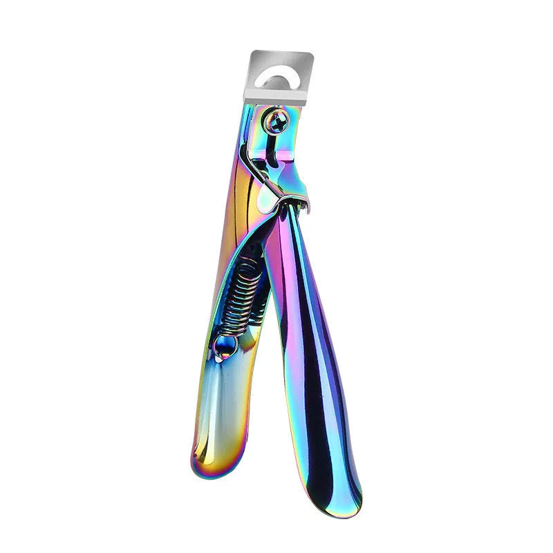 Close-up of stainless steel nail scissors with French U-shaped titanium blades, shown in electrophoresis black finish.