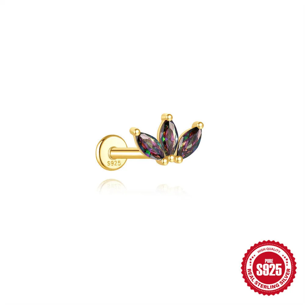 S925 sterling silver piercing earrings with super shiny rainbow stone and flat head thread in gold colour
