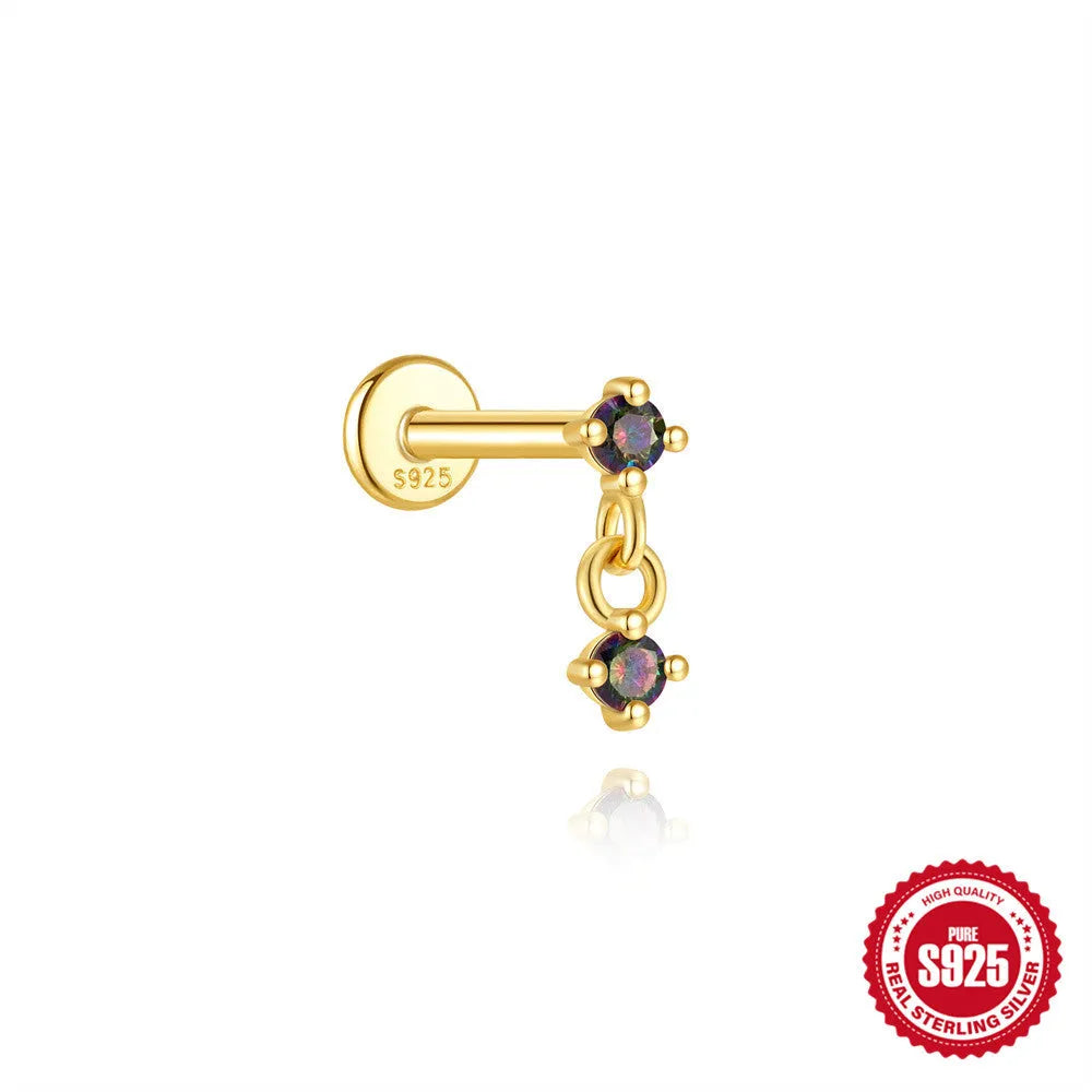 S925 sterling silver piercing earrings with super shiny rainbow stone and flat head thread in gold colour
