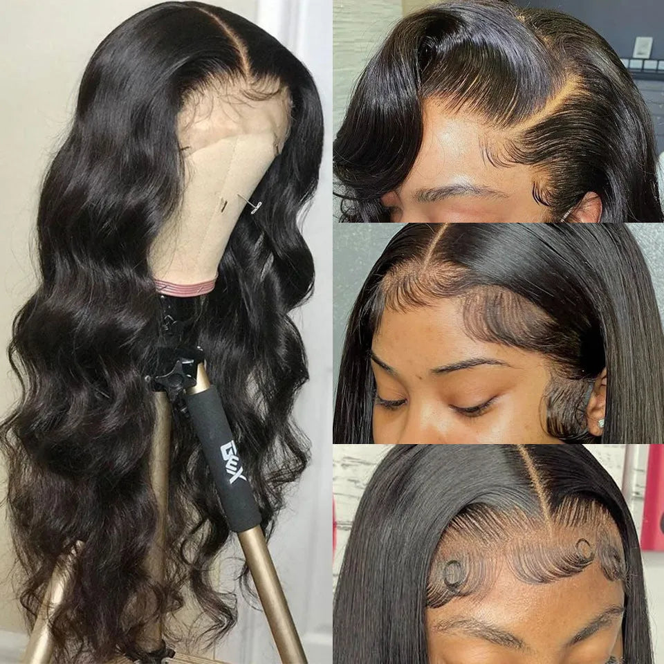Black long curly synthetic wig with side bangs and front lace construction
