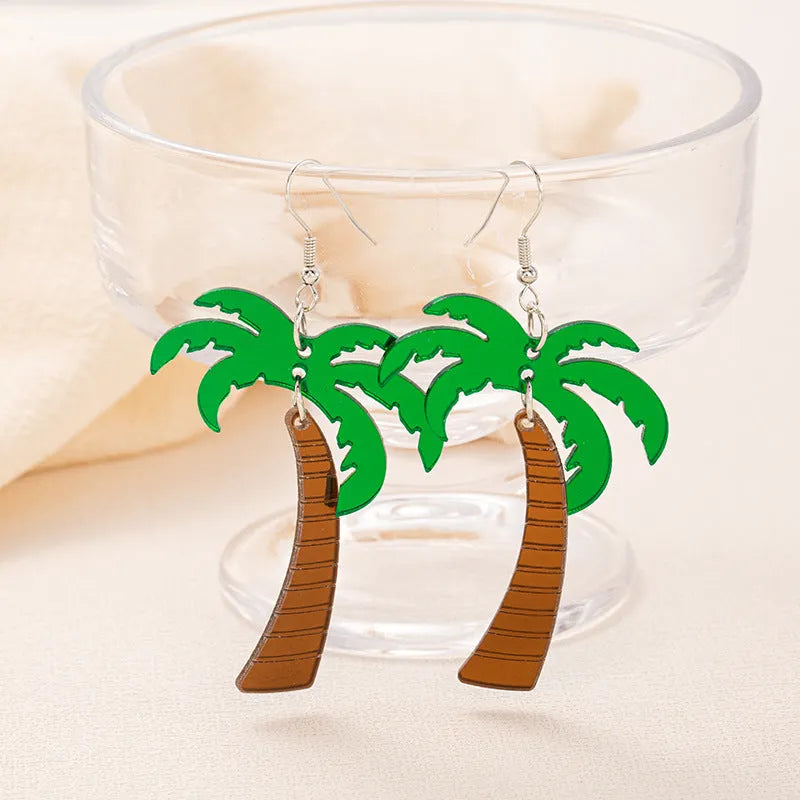 Acrylic drop earrings with coconut and jackfruit design on alloy hooks in various colour styles.