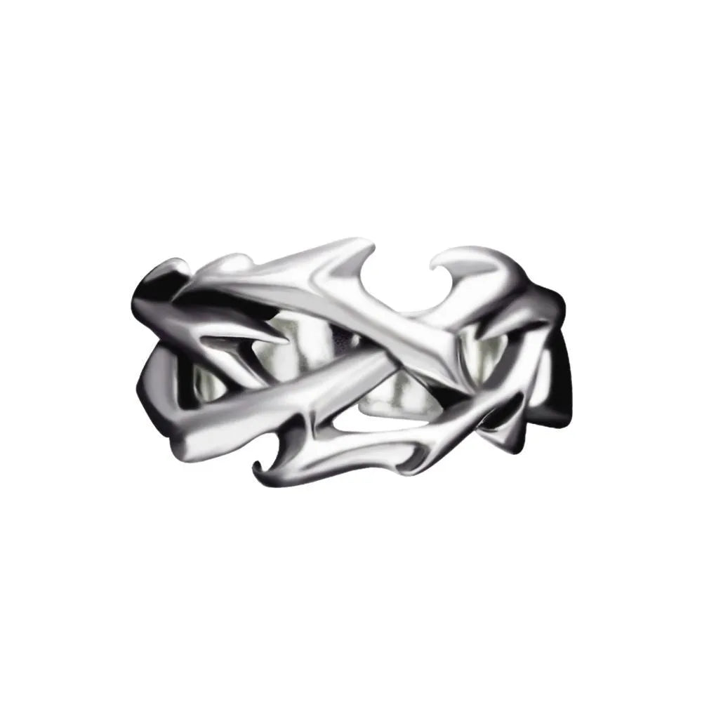 Adjustable copper men's ring with geometric thorn and flower design showing opening mechanism