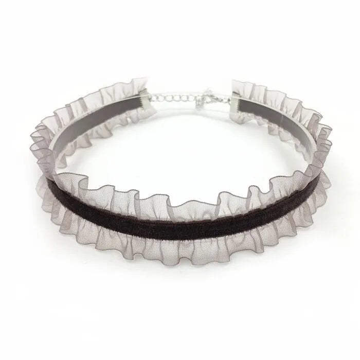 Alloy velvet ruffled necklace with flower pendant on a snake bones chain in black, light coffee, or white.