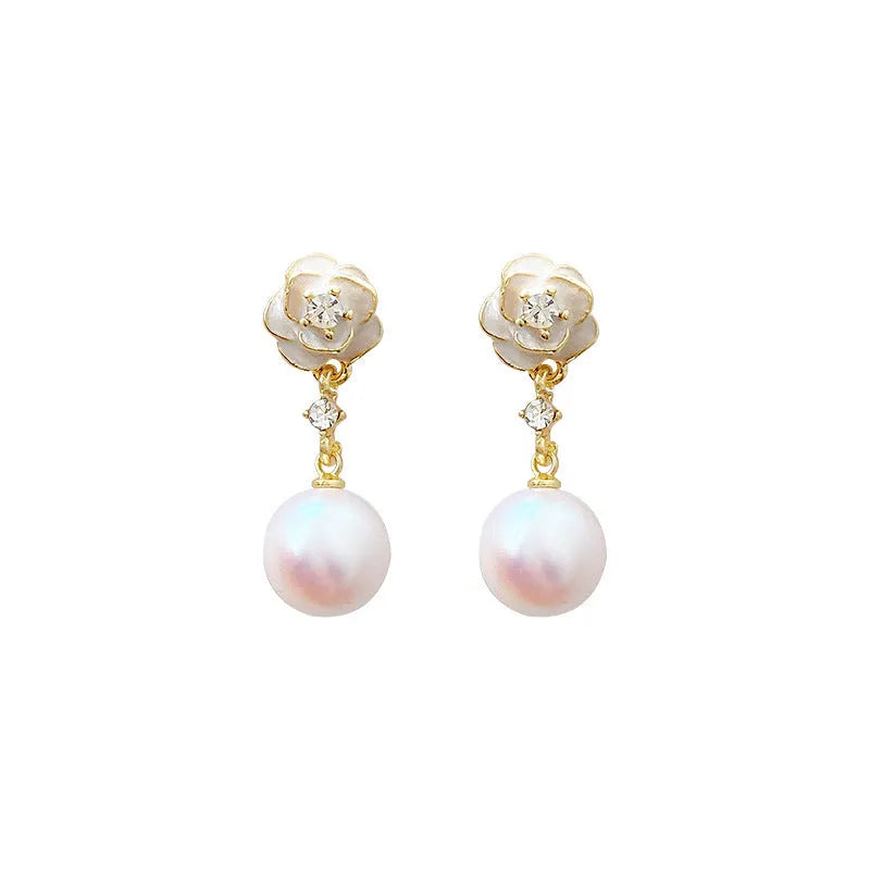 Camellia pearl flower stud earrings for women in alloy metal with floral design