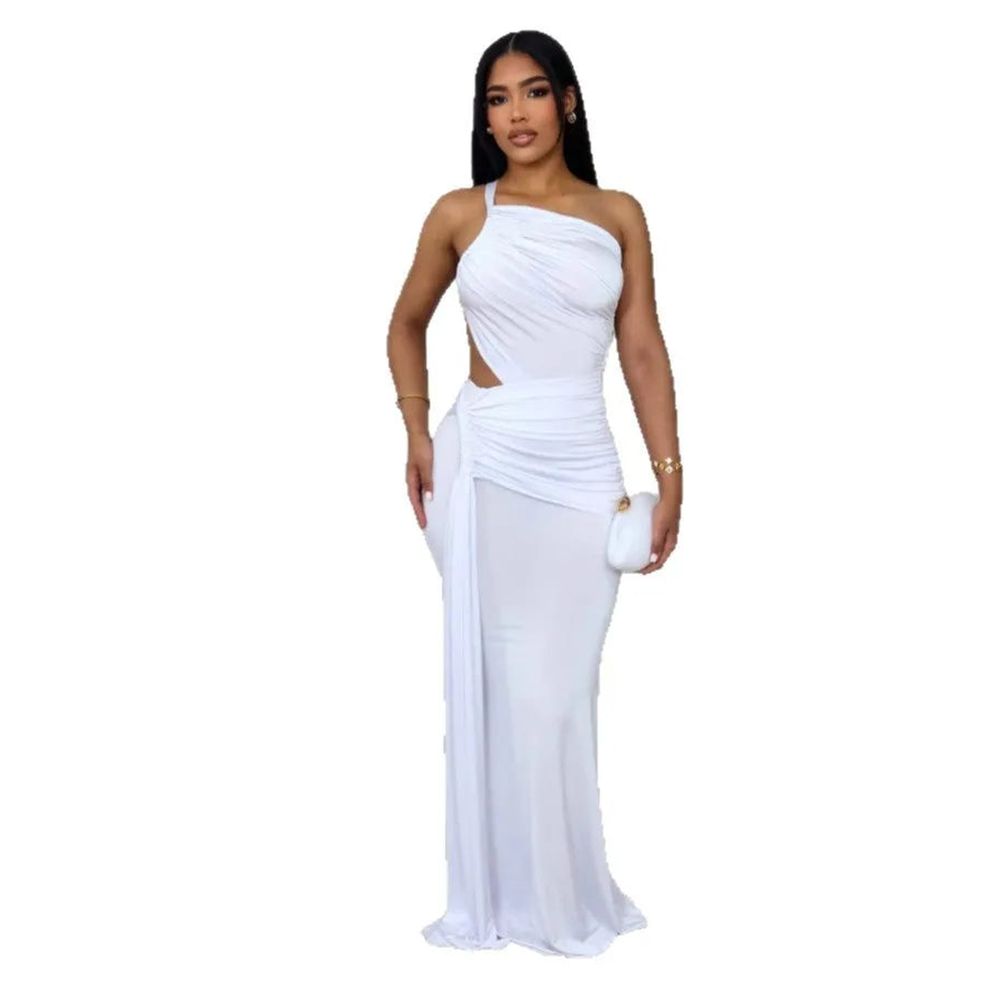 Women's one-shoulder pleated dress in polyester milk silk fabric in solid colours