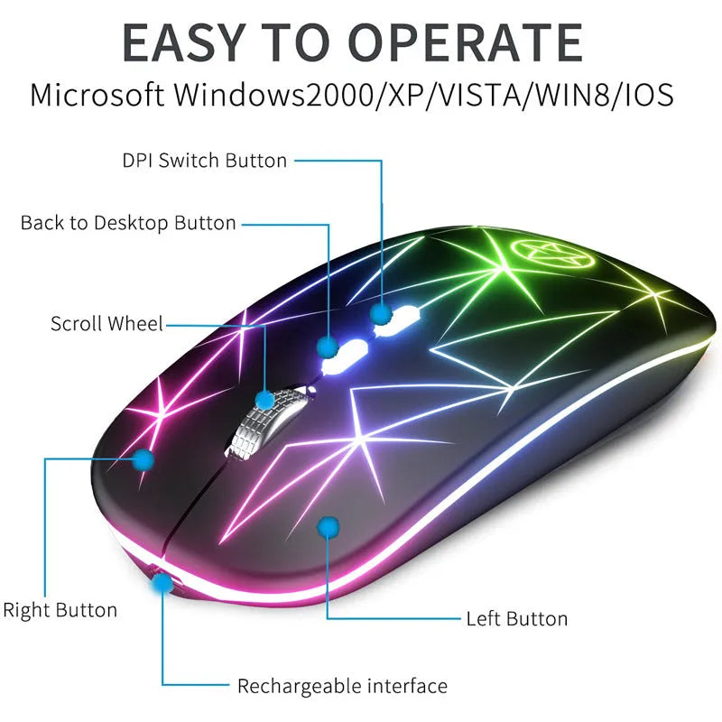 Wireless Bluetooth gaming mouse showing dual-mode connectivity options and metal roller construction