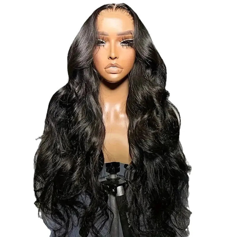 A black ladies' wig with big wave styling on a lace base, showing its long synthetic fibres.