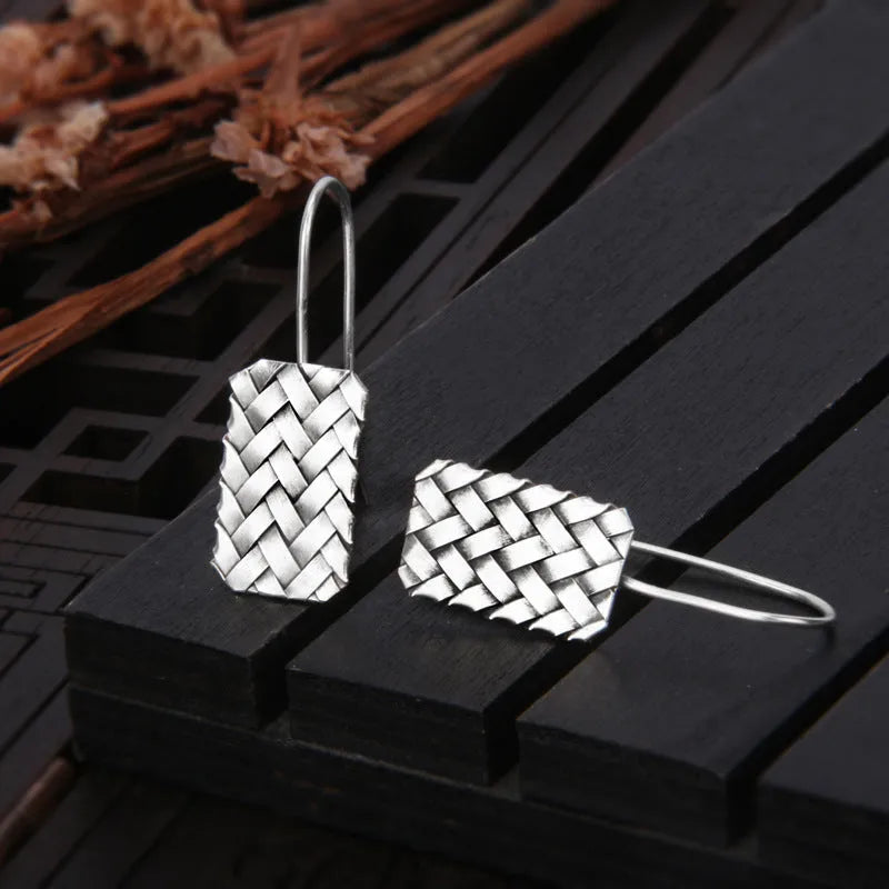 Silver geometric woven plaid earrings with diamond pattern and 17.5mm length