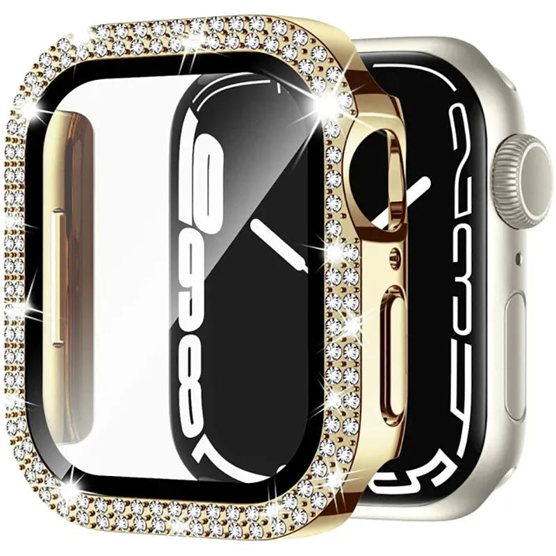 Apple Watch case with double diamond glass screen protector in rose pink colour on a 44mm watch.