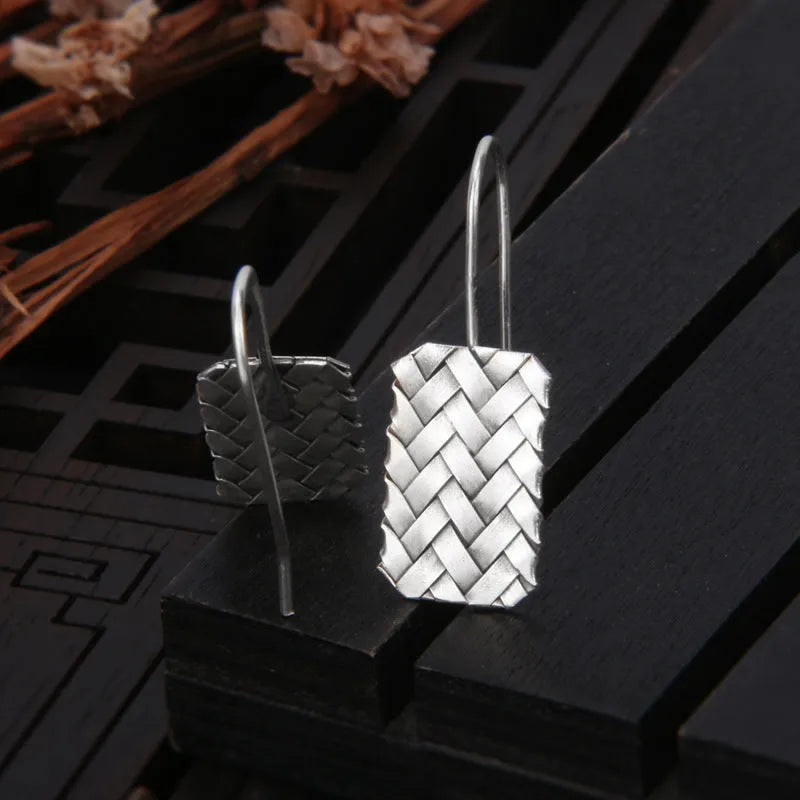 Silver geometric woven plaid earrings with diamond pattern and 17.5mm length