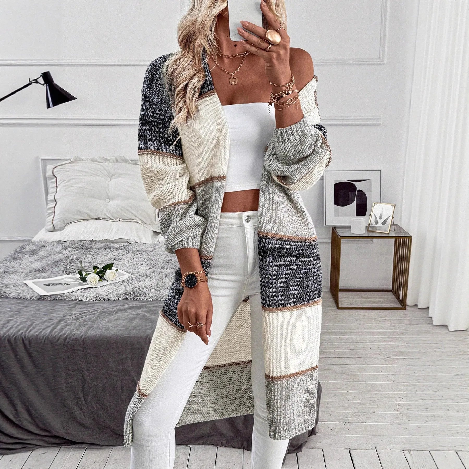 Grey women's knitted long cardigan with striped pattern and loose fit