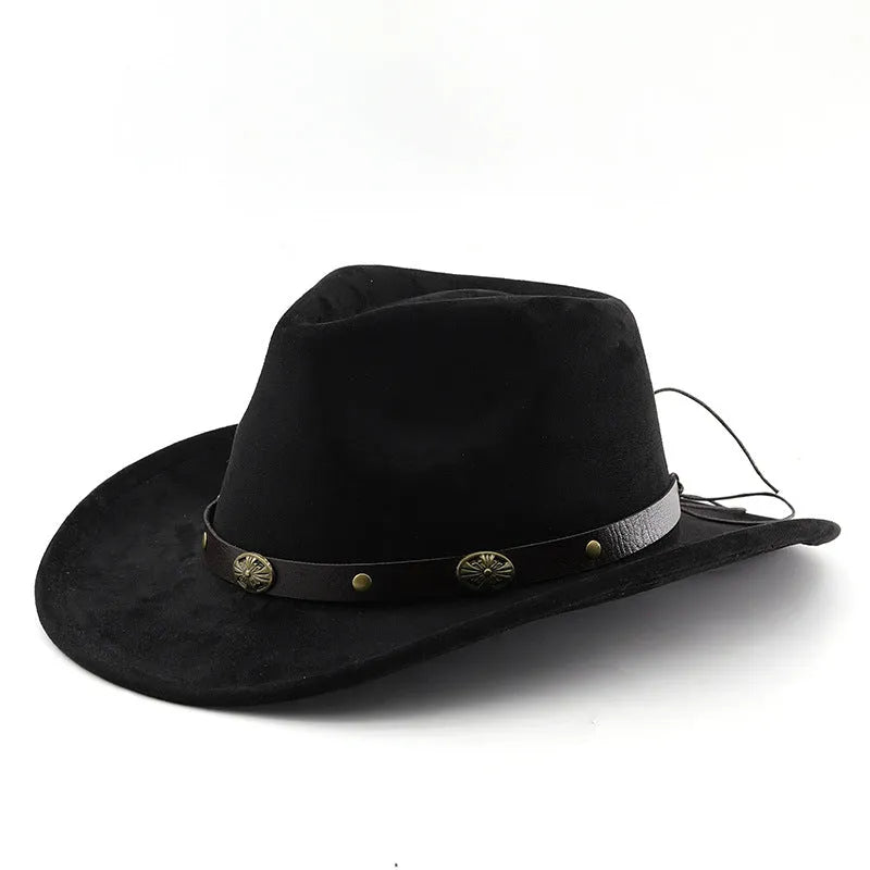 Brown leather velvet Western cowboy hat with curved brim and conical crown