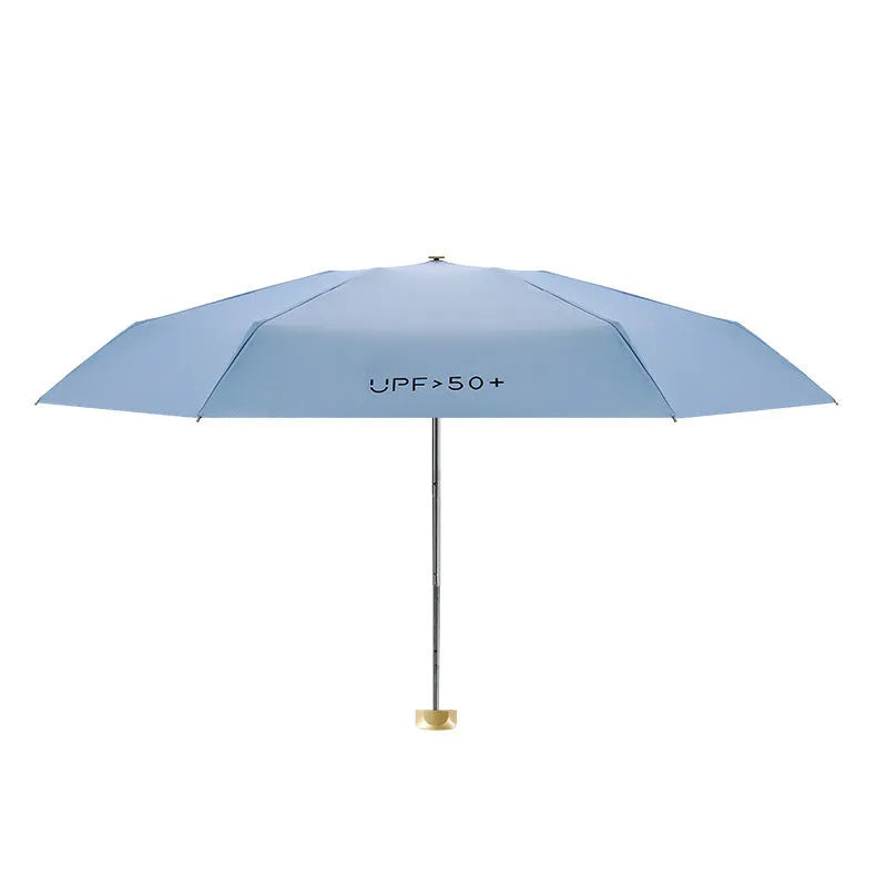Closed 5-fold mini pocket sun umbrella showing compact size and rubber handle