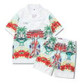 Plaid patterned beach shirt and trouser outfit set for men and women on a mannequin