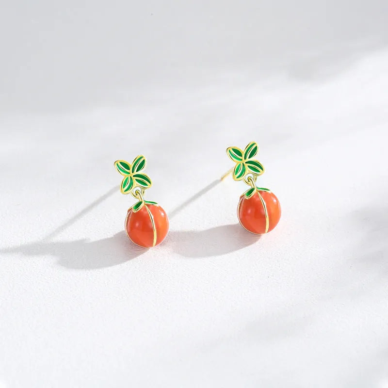 925 sterling silver persimmon red drop stud earrings for women New Chinese style