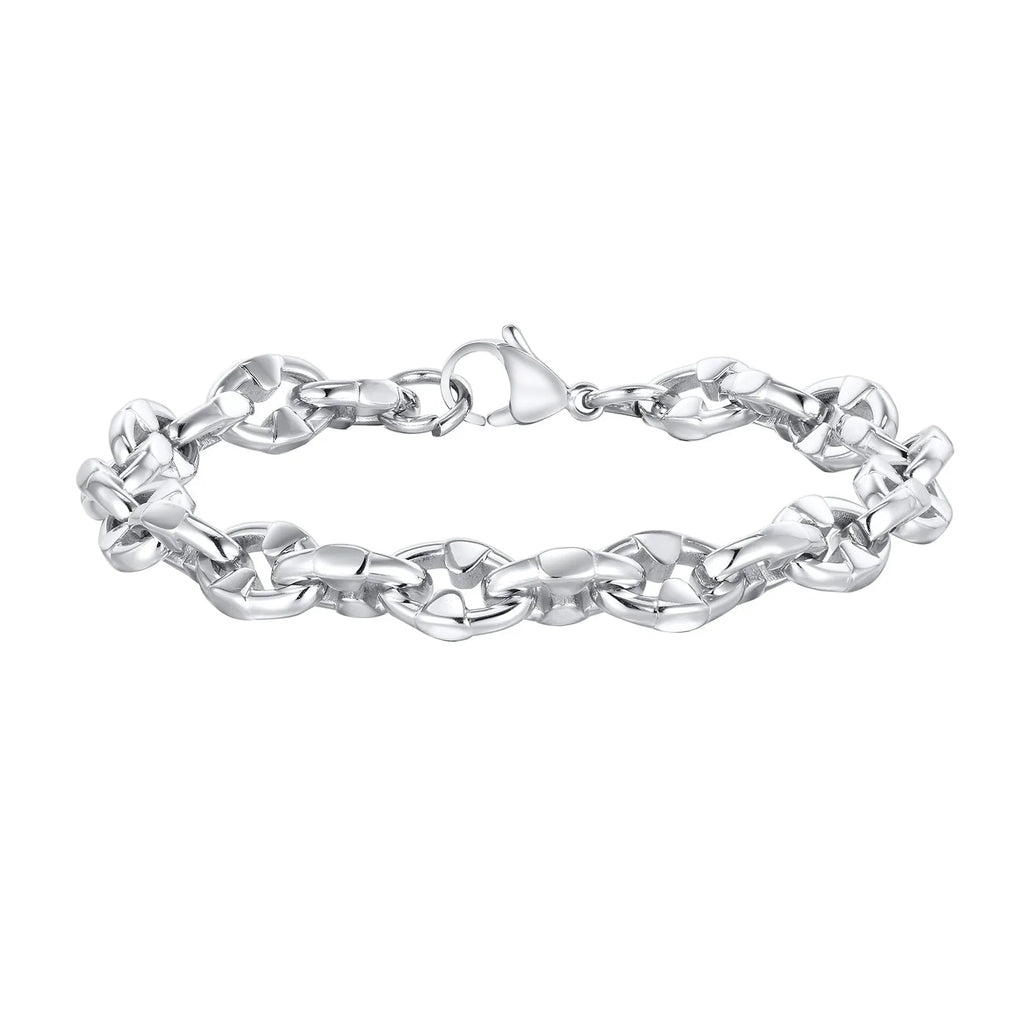 Thick handmade stainless steel chain bracelet with geometric links, steel colour.