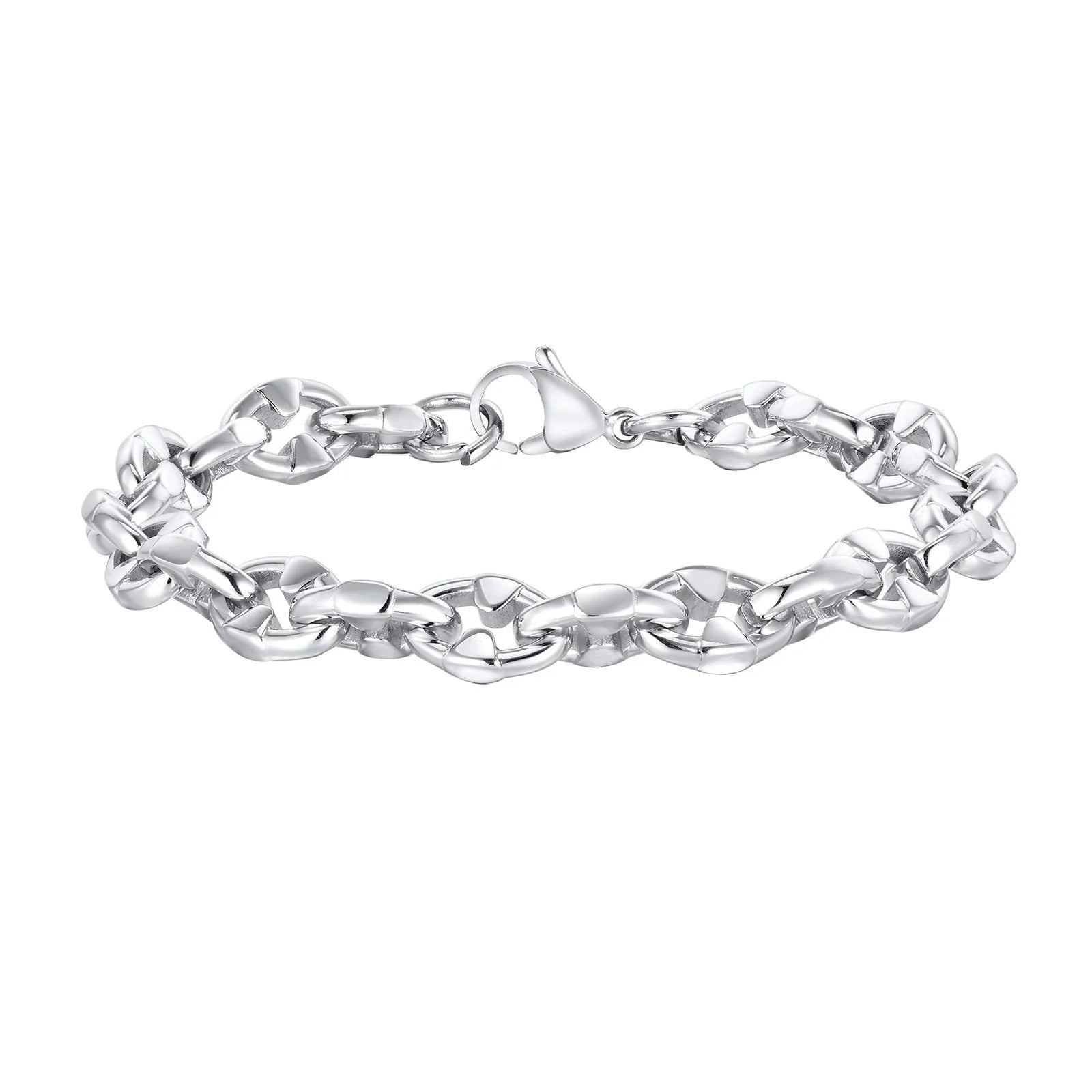 Thick handmade stainless steel chain bracelet with geometric links, steel colour.