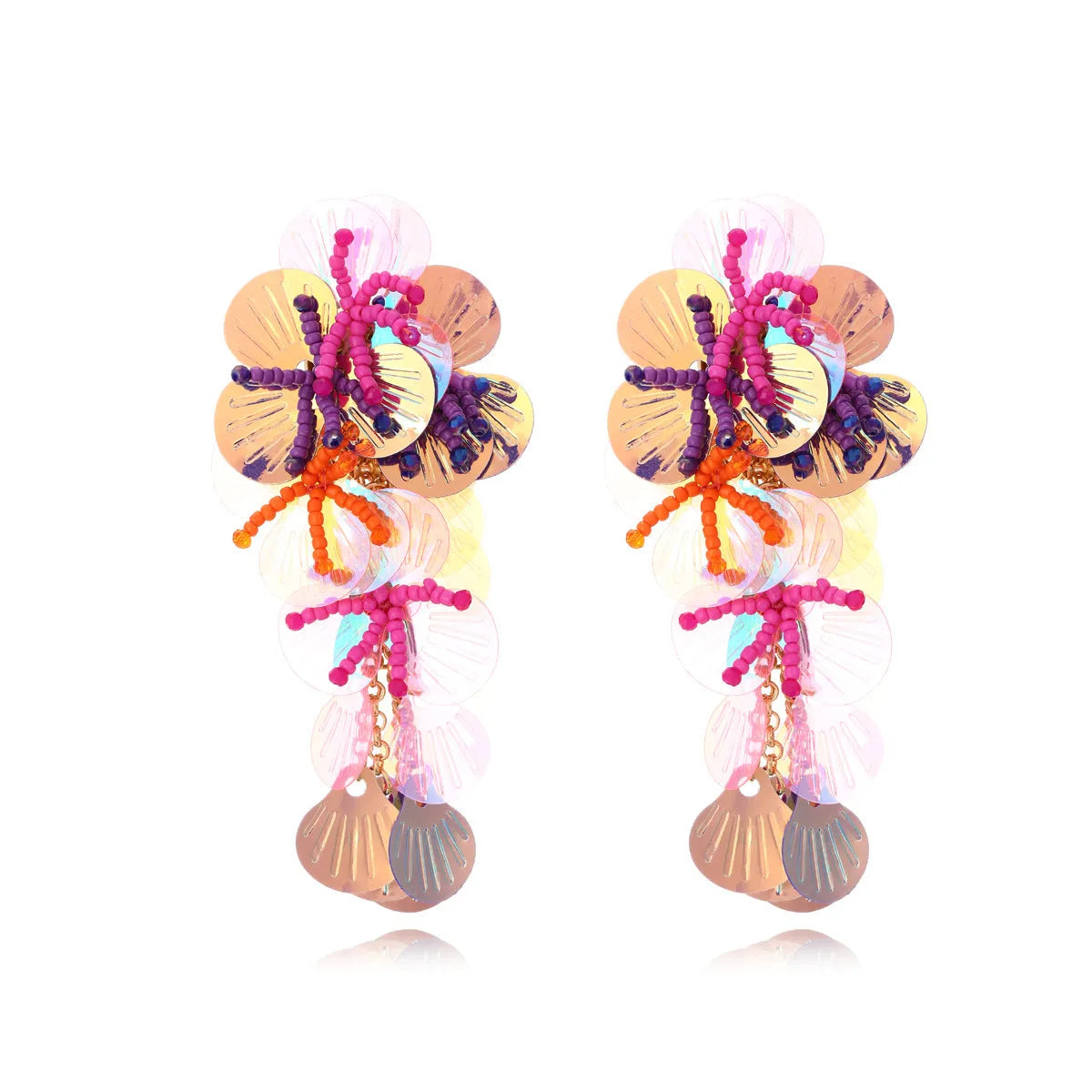 Close-up of colourful handmade bead flower earrings with leaves in European exaggerated style.