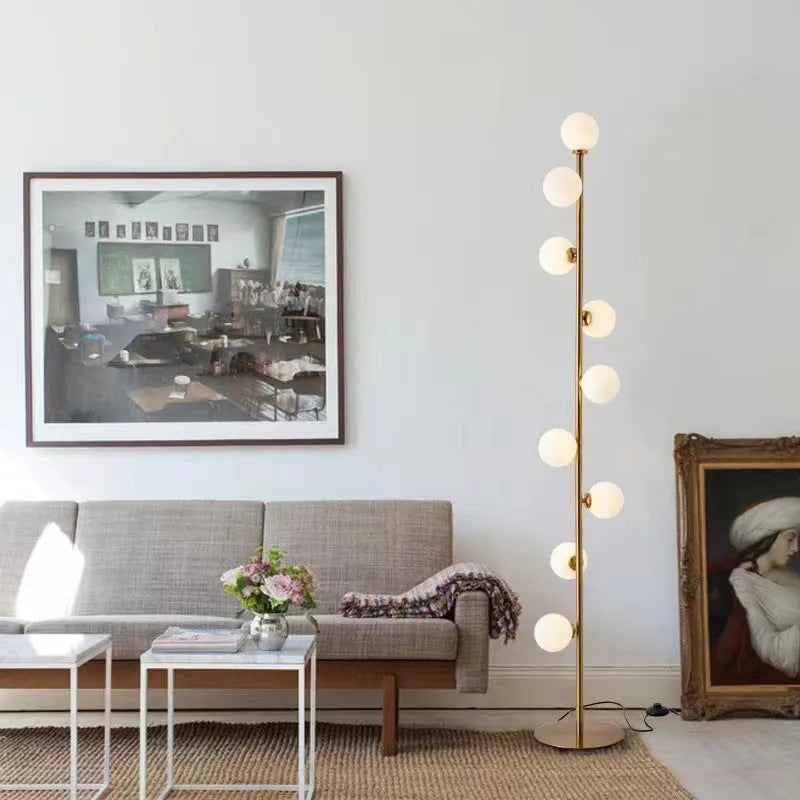 Modern minimalist floor lamp with wrought iron frame and glass elements, 154cm tall with adjustable lighting modes