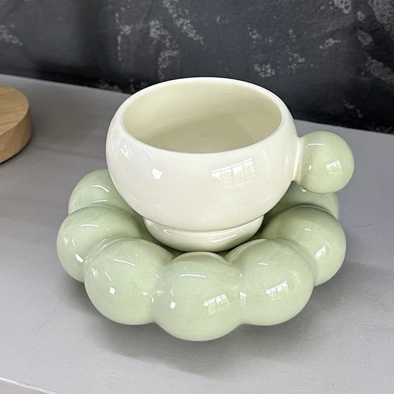 Ceramic coffee set with 250ml cup and dish in solid colour options including bean green, coffee brown, and pink
