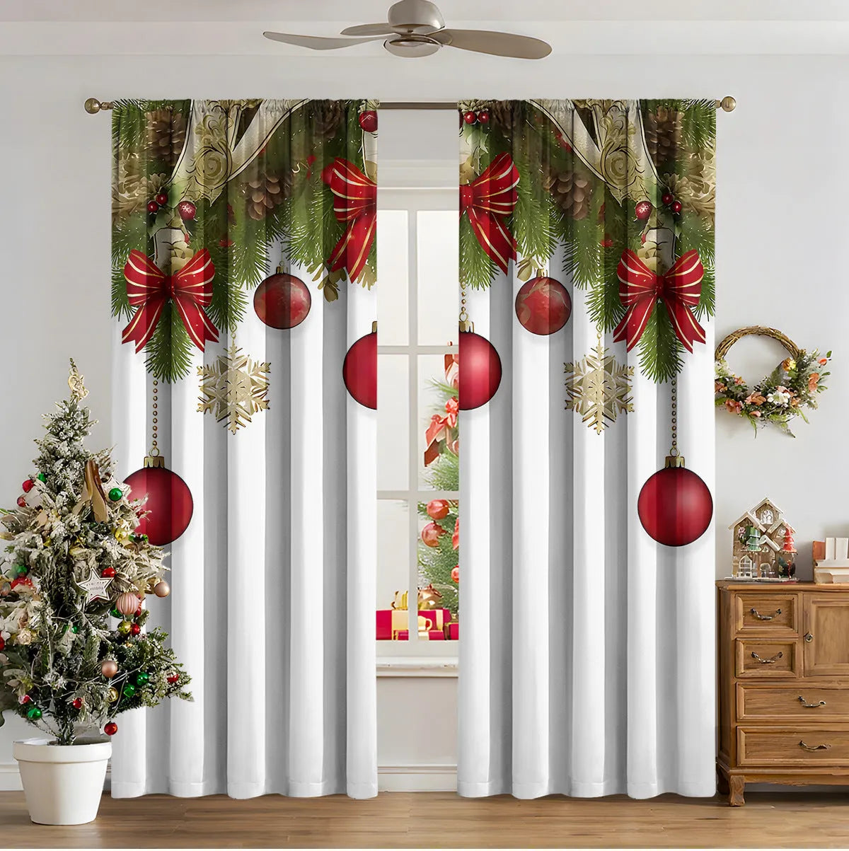 3D digitally printed Christmas curtain with modern simplicity design showing festive imagery