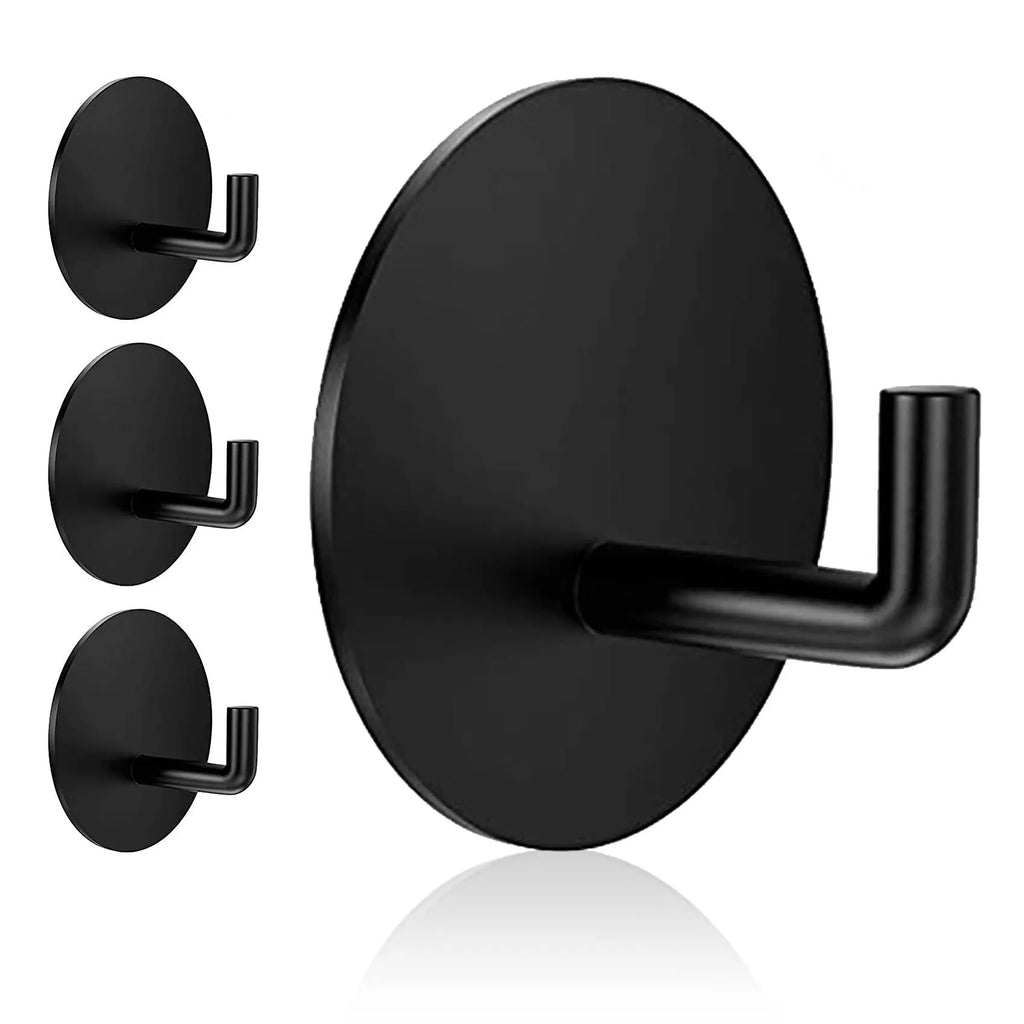 Stainless steel self-adhesive wall hook in black and polished finishes for bathroom or kitchen.