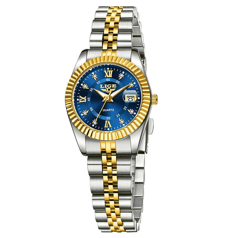 Women's waterproof quartz fashion watch with a 10mm thick case in a gold and black colour variant.